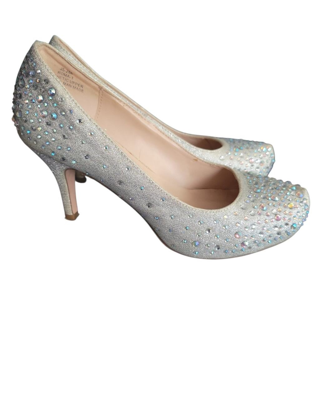 De Blossom Collection Woman's Rhinestone 4" Heels Silver Shoes Size 6